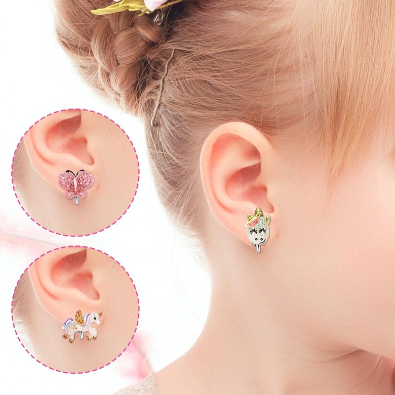 Wingchold Unicorn Clip On Earrings for Little Girls, Bling Butterfly and Strawberry Earrings, Toddler Girls Dress Up Jewelry, 6 Pairs, Best Gift-C - Image 5